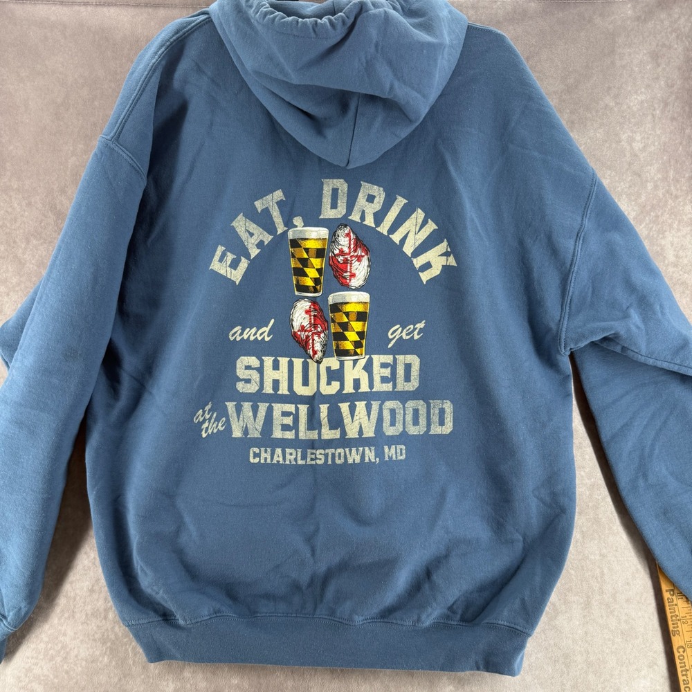 Gildan Eat Drink Get Shucked The Wellwood Charlestown MD Graphic Hoodie Mens XL